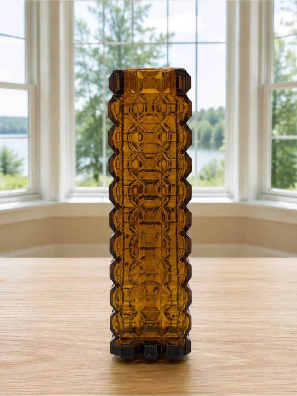 Vintage French Style Dark Amber Glass Stacked Cubist Square Vase 7